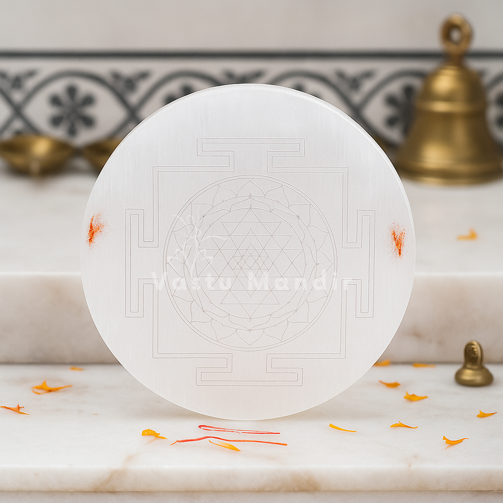 Shree yantra selenite plate arranged in a styled spiritual setting