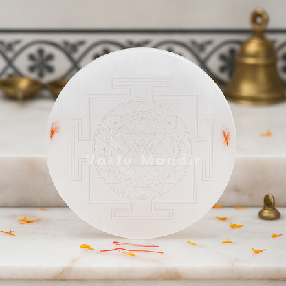 Shree yantra selenite plate arranged in a styled spiritual setting