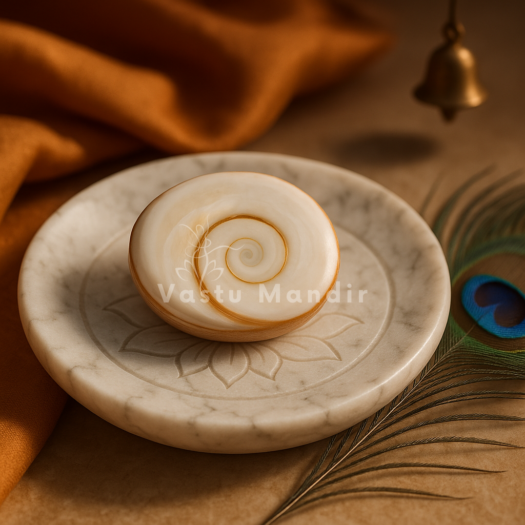 Gomti chakra shells displayed in a dark, softly lit spiritual setting