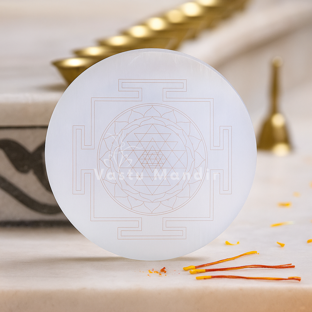 Shree yantra selenite plate shown at a slight angle in a styled sacred setting