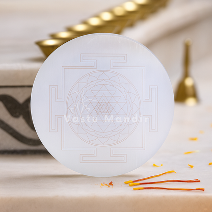 Shree yantra selenite plate shown at a slight angle in a styled sacred setting