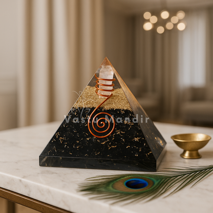 Black Tourmaline Protection Pyramid on a marble surface with a blurred background