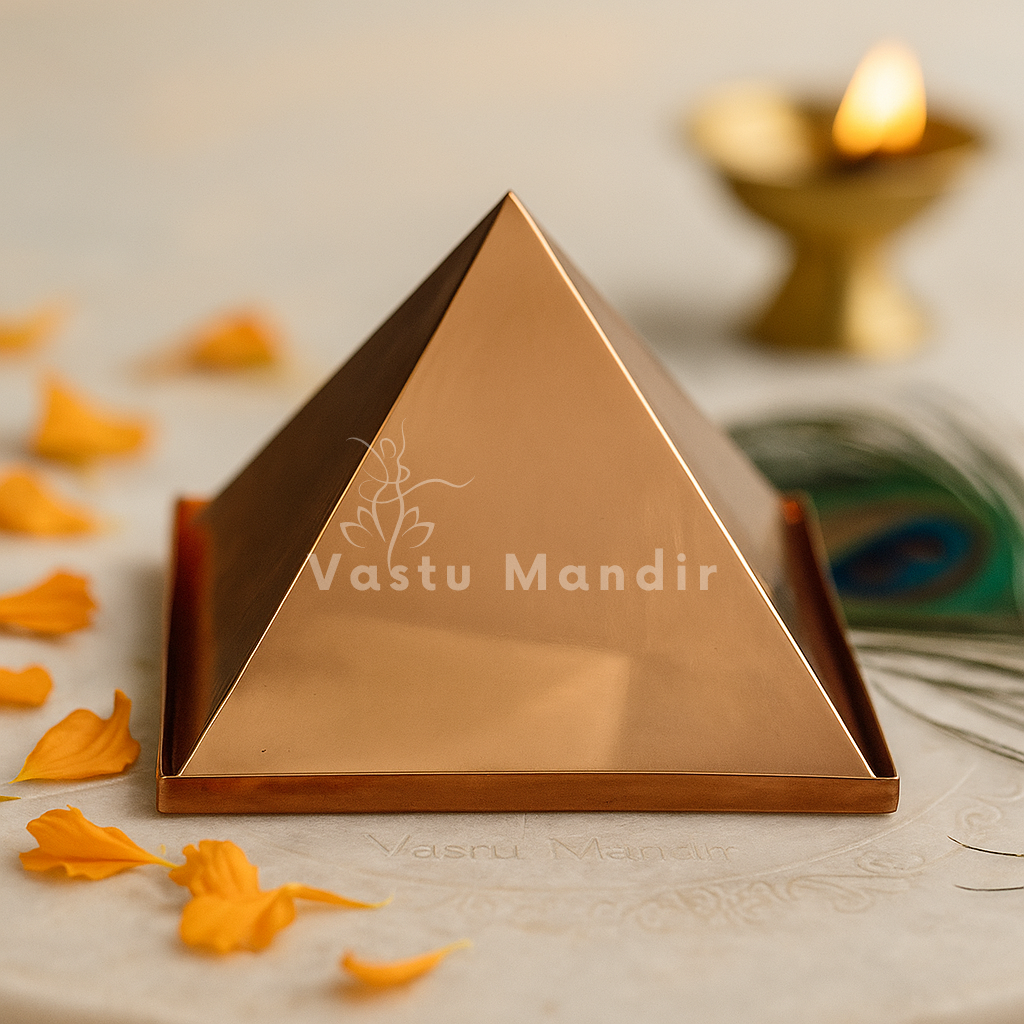 Hollow Copper Pyramid with 'Vastu Mandir' branding on a decorative background with flowers and candles.