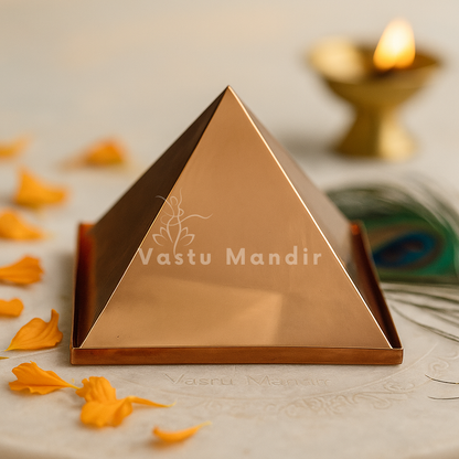 Hollow Copper Pyramid with 'Vastu Mandir' branding on a decorative background with flowers and candles.