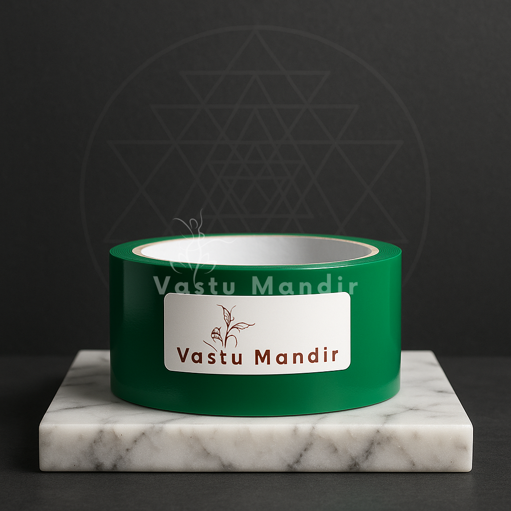 Blue Vastu colour tape roll displayed on a marble plinth against a dark backdrop