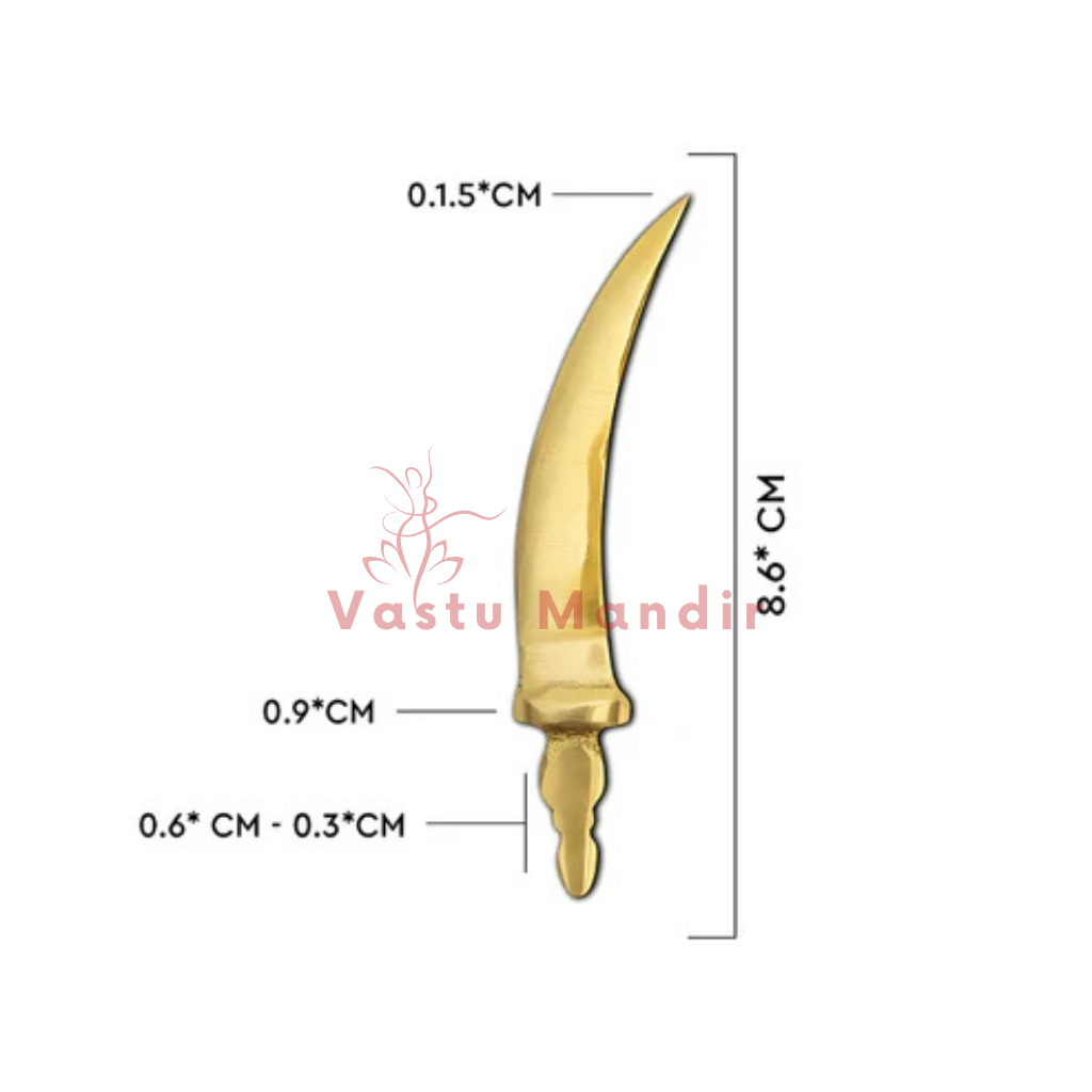 Curved brass talwar miniature measurement diagram showing the blade and handle dimensions