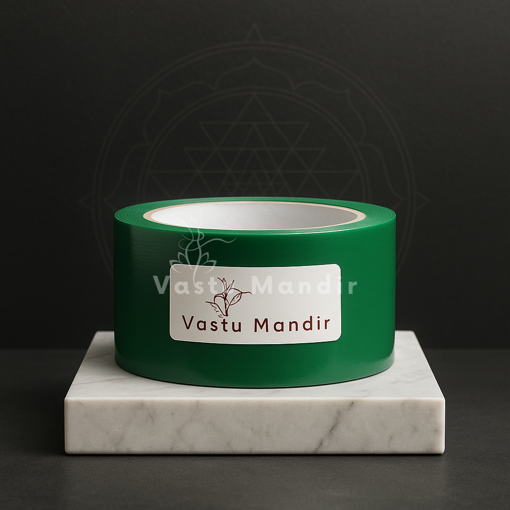 Green Vastu colour tape roll displayed on a marble plinth against a dark backdrop