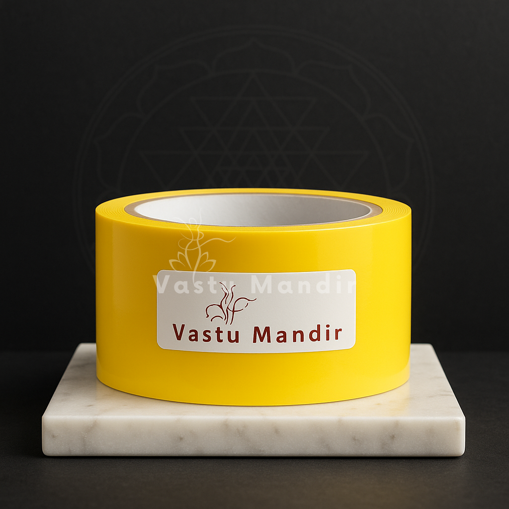 Yellow Vastu colour tape roll displayed on a marble plinth against a dark backdrop