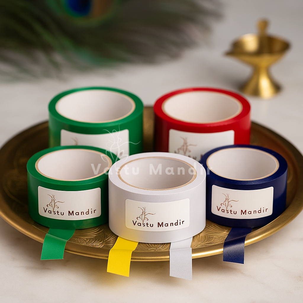 Vastu waterproof multicolor tape displayed in a dark, softly lit spiritual setting