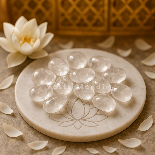 Clear quartz tumbled stones arranged on a carved white plate with marigold petals and a softly lit diya