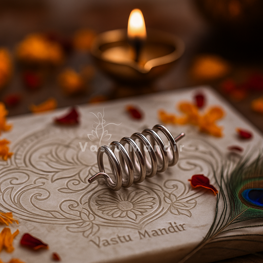 Stainless steel Vastu spring displayed on an engraved marble surface