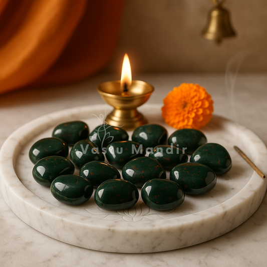 Natural bloodstone tumbled stones displayed in a dark, softly lit spiritual setting