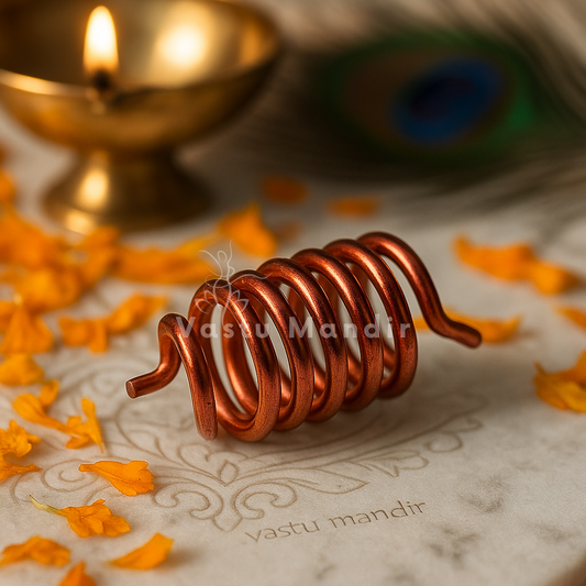 Copper Vastu spring displayed on a marble plate with a lit diya