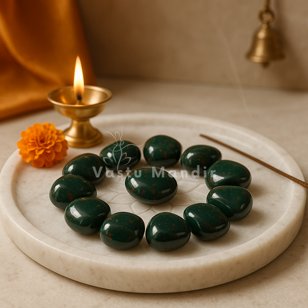 Natural bloodstone tumbled stones shown in a close atmospheric product view