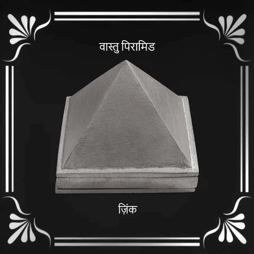 Zinc Vastu pyramid product card with Hindi labels on a black background