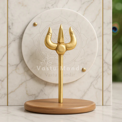 Brass Trishul idol alternate front view on a wooden base