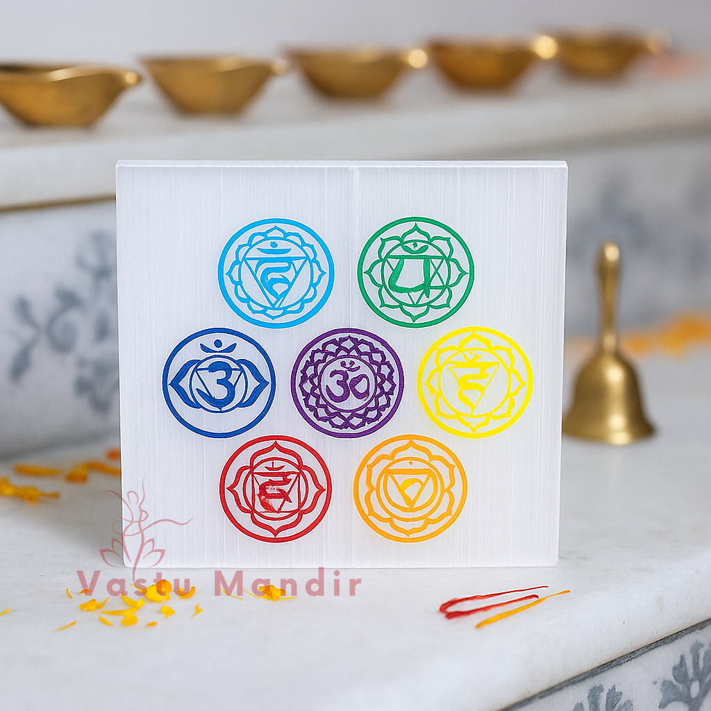 7 chakra selenite plate displayed in a softly lit product setting