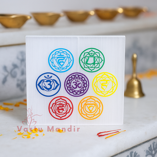 7 chakra selenite plate displayed in a softly lit product setting