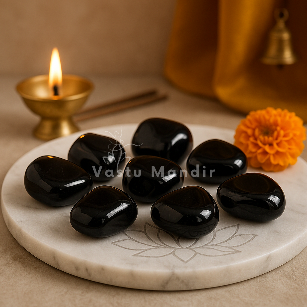 Black tourmaline tumbled stones arranged on a white plate with a diya and marigold flower