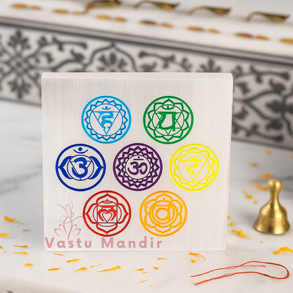 7 chakra selenite plate arranged in a styled spiritual setting