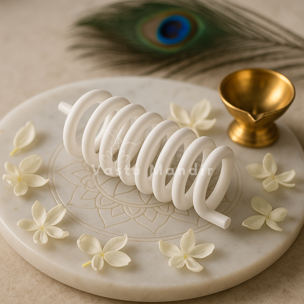 White Vastu spring shown from a second angle with flowers and brass diya