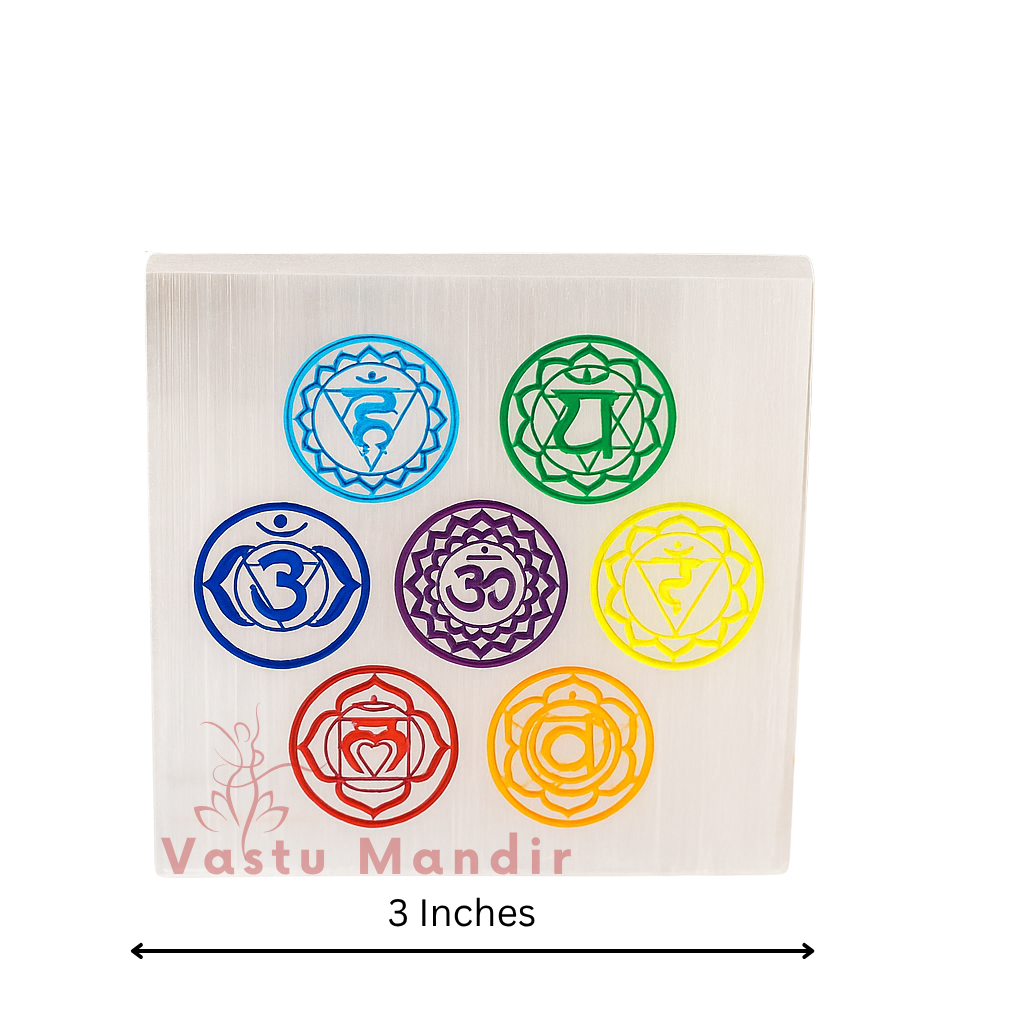 7 chakra selenite plate in a close product view on white