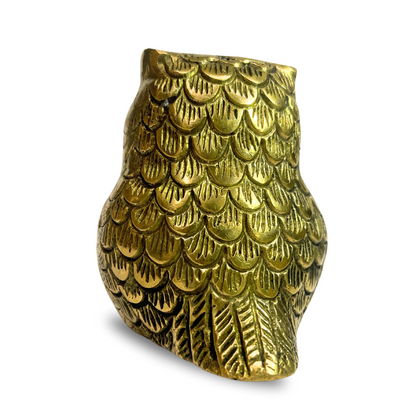Brass owl idol rear view showing engraved feathers