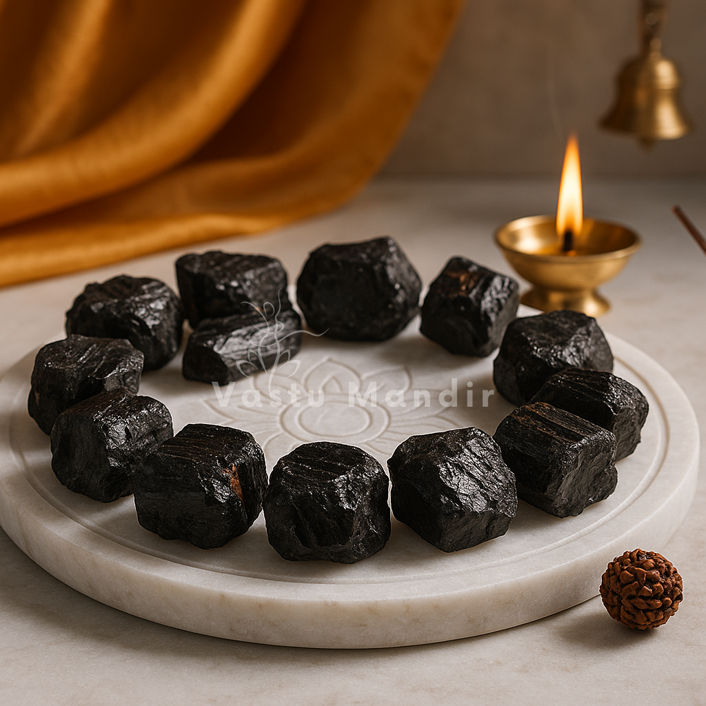 Rough black tourmaline chunks arranged on a white plate with marigold flower decor