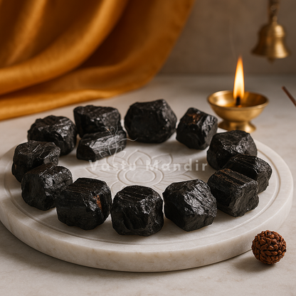 Rough black tourmaline chunks arranged on a white plate with marigold flower decor