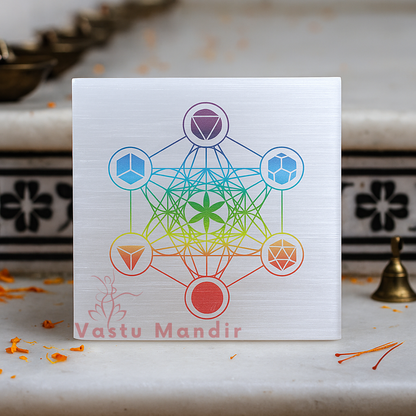Hexagonal selenite plate displayed in a softly lit product setting