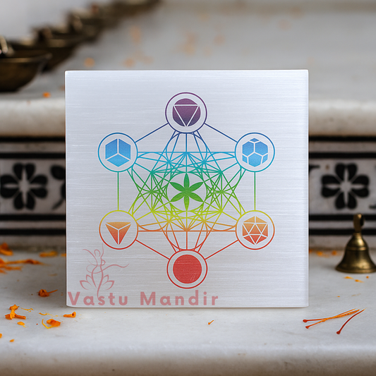 Hexagonal selenite plate displayed in a softly lit product setting