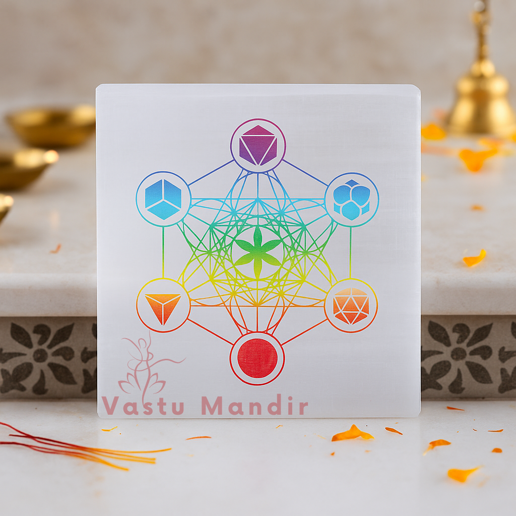 Hexagonal selenite plate arranged in a styled spiritual setting
