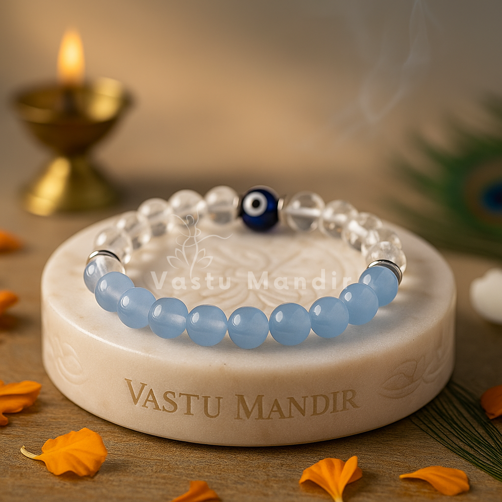 Aquarius birthstone crystal bracelet shown in a second hand-held product view