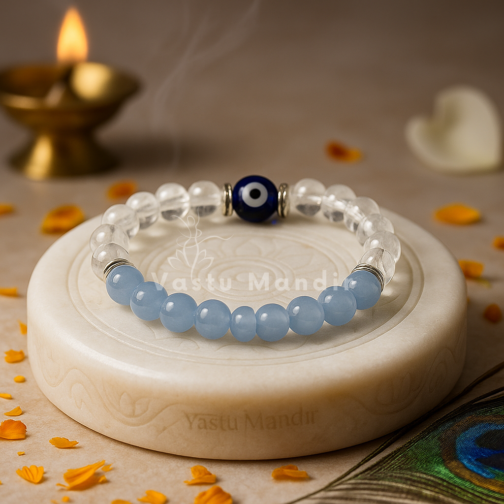 Aquarius birthstone crystal bracelet shown with a hand in a lifestyle photograph