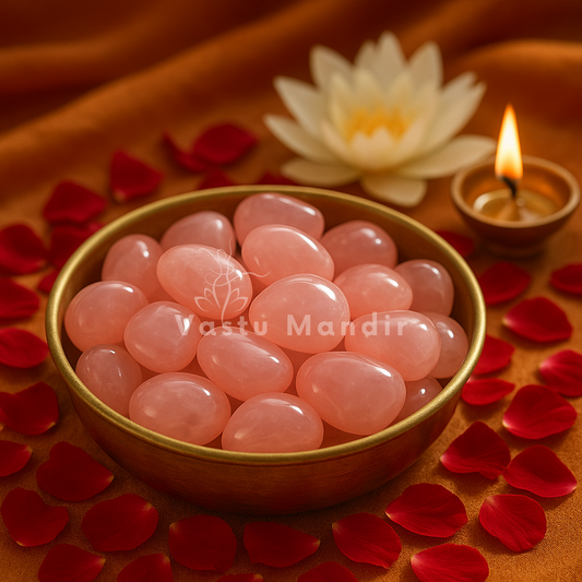 Rose quartz tumbled stones displayed in a brass bowl on a red cloth with lotus decor