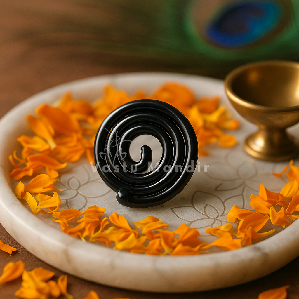 Black spiral Vastu spring displayed on a marble plate with marigold petals