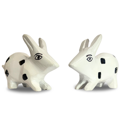 White enamel rabbit pair two rabbit sizes shown side by side on white background