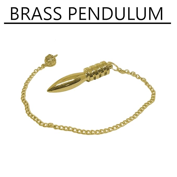 Brass four-plated dowsing pendulum with full chain arranged on a white background