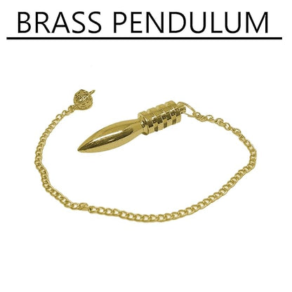Brass four-plated dowsing pendulum with full chain arranged on a white background