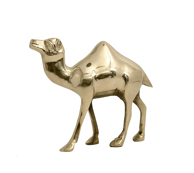 Plain-finish brass camel idol side view isolated on white background
