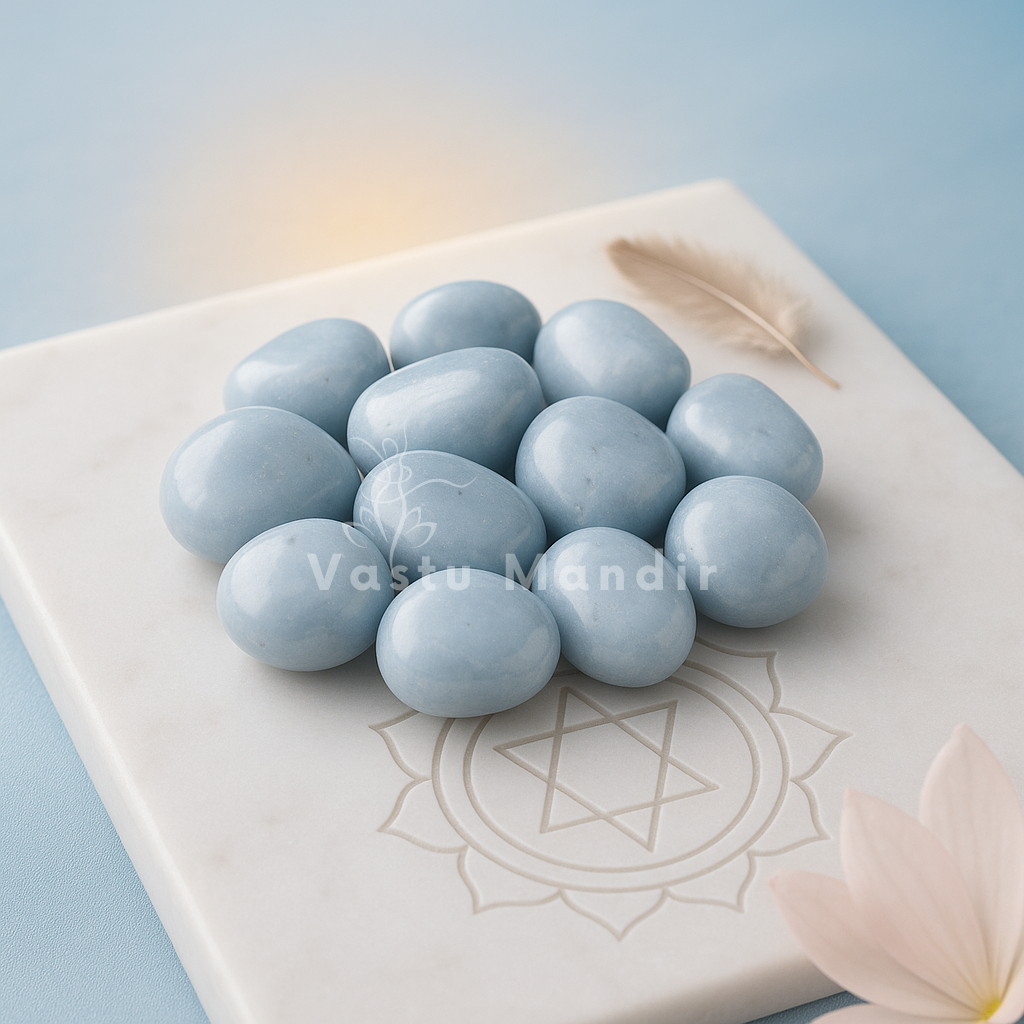 Natural angelite tumbled stones shown in a separate styled product photograph