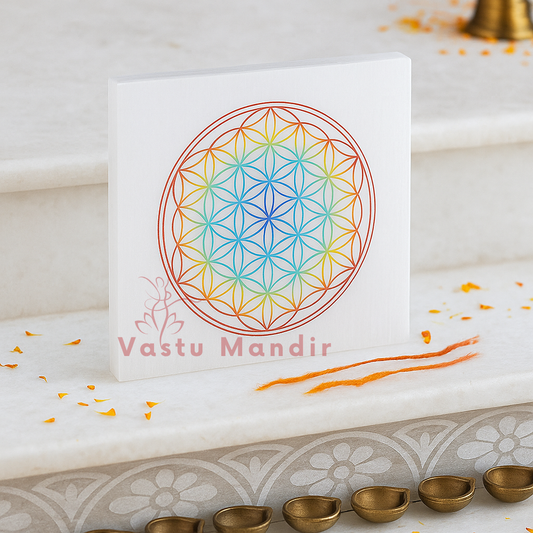 Mandala selenite plate displayed in a softly lit product setting