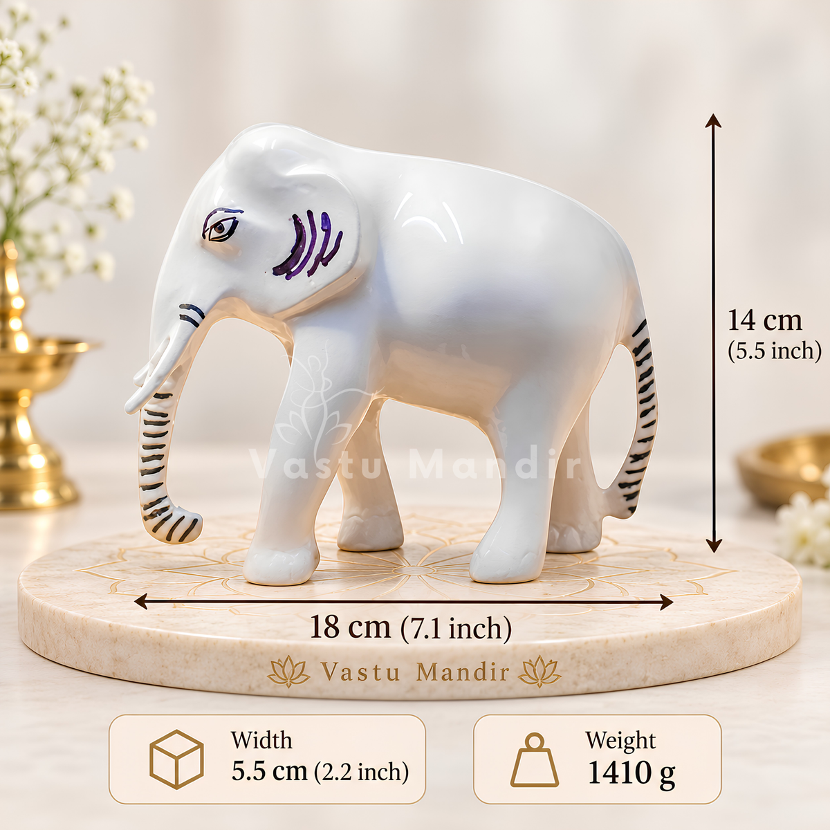 Brass White Elephant Idol Vastu Remedy for Wisdom, Royal Energy and Prosperity for Home, Office and Gifting | 18 x 5.5 x 14 cm | 1.4 kg