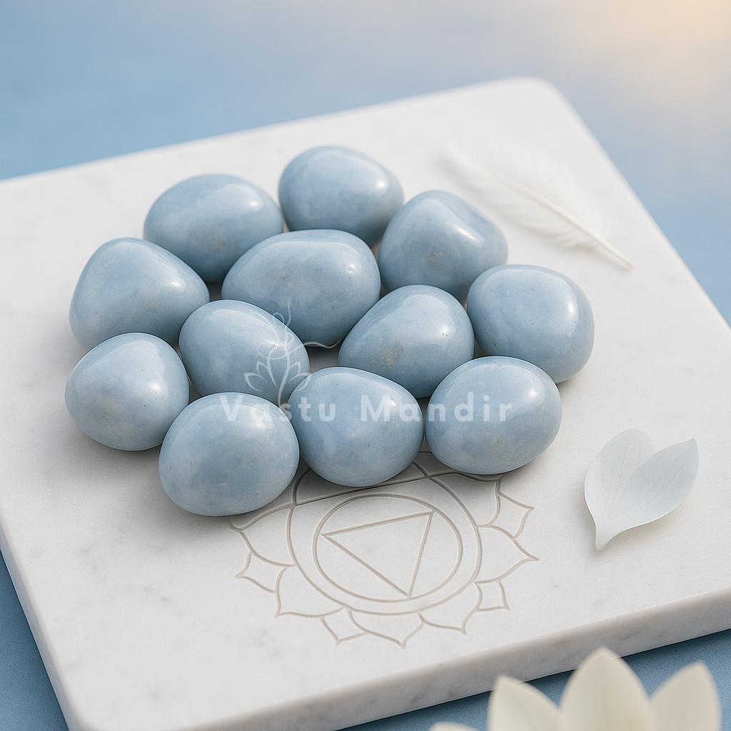 Natural angelite tumbled stones presented in a clear lifestyle setting