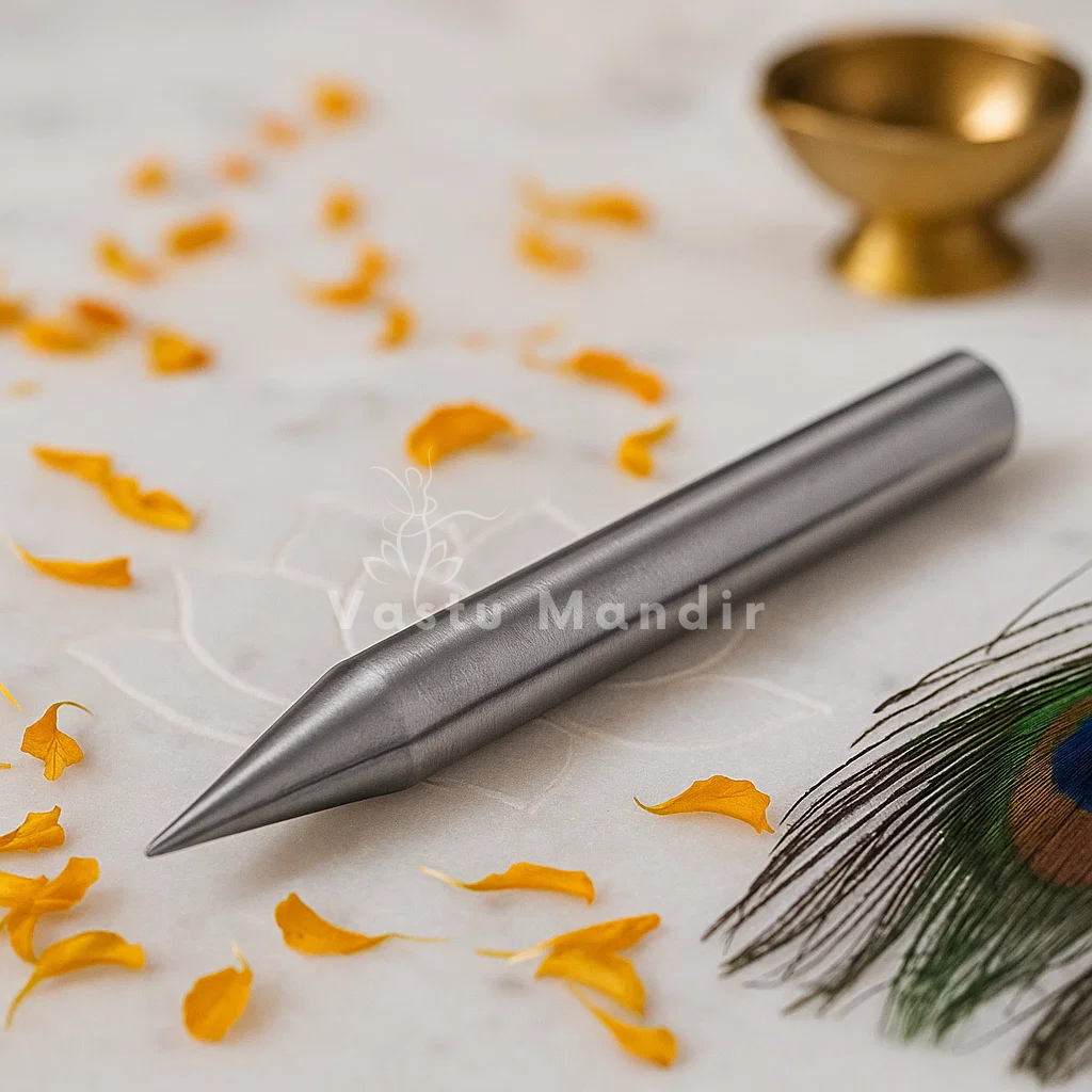 Stainless steel Vastu Kilak rod displayed on marble with marigold petals