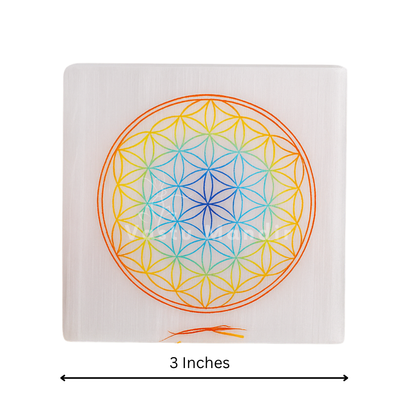 Mandala selenite plate centred in a white-background product photograph
