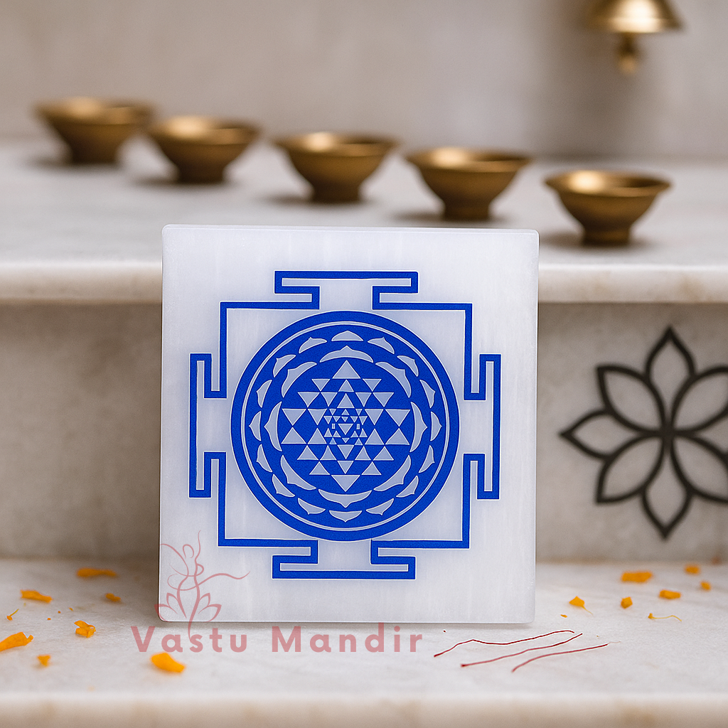 Shree yantra selenite plate shown held in a hand for scale