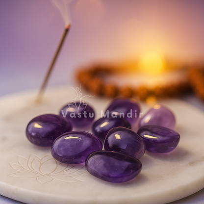 Purple amethyst stones on a neutral surface beside incense and warm candlelight
