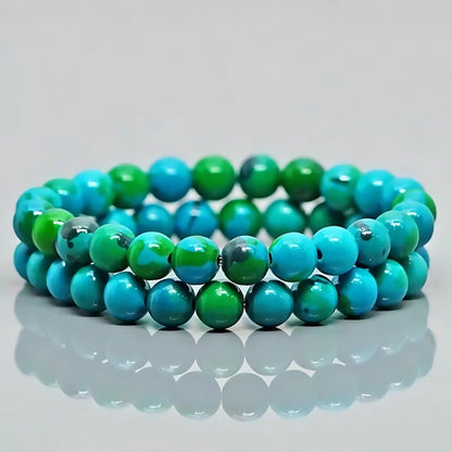 Chrysocolla crystal bracelet displayed in a softly lit product setting
