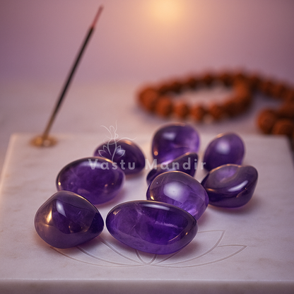 Close-up of deep purple amethyst stones with incense and blurred prayer beads behind them